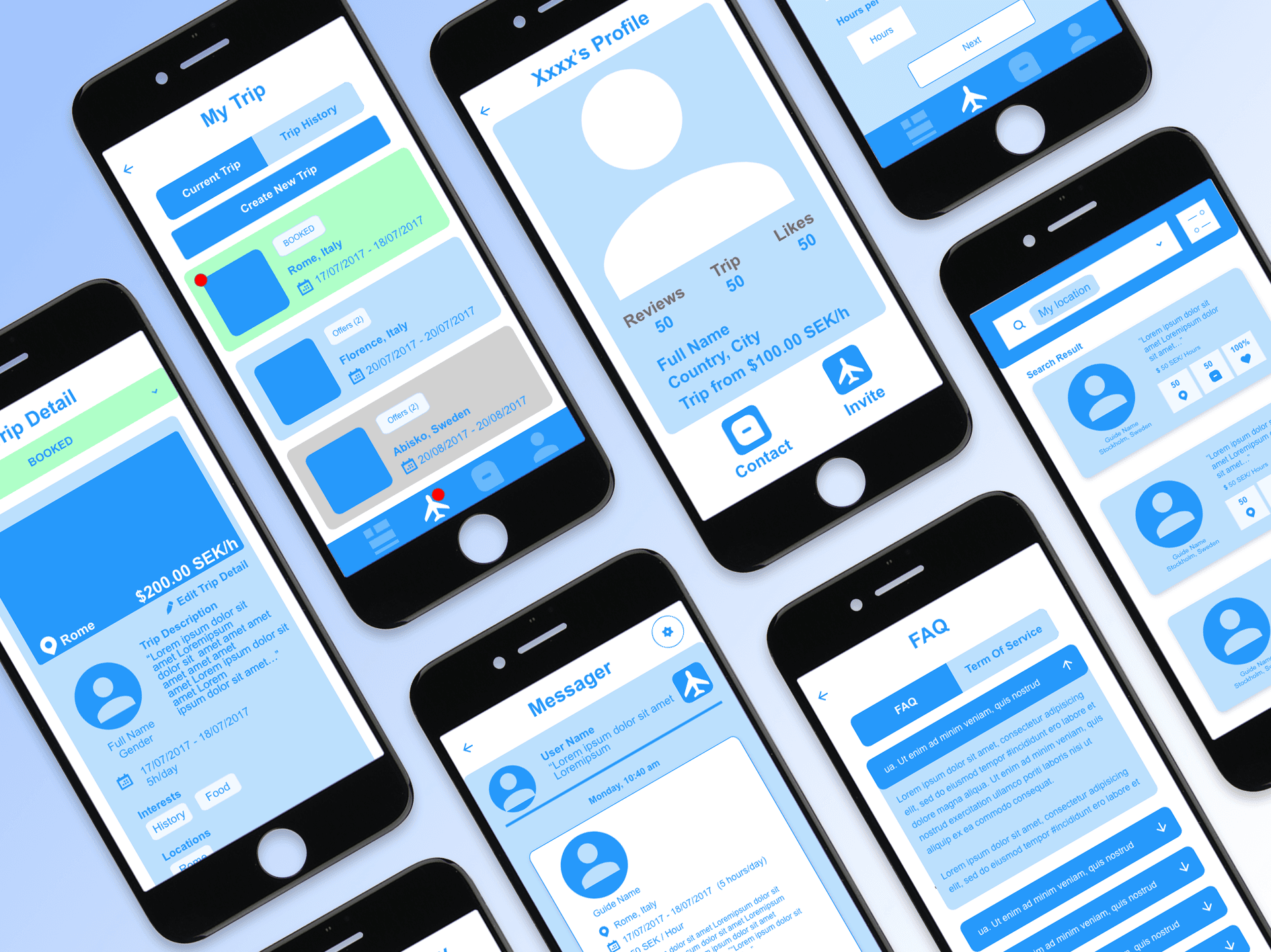 Mobile wireframes showing itinerary and guide cards